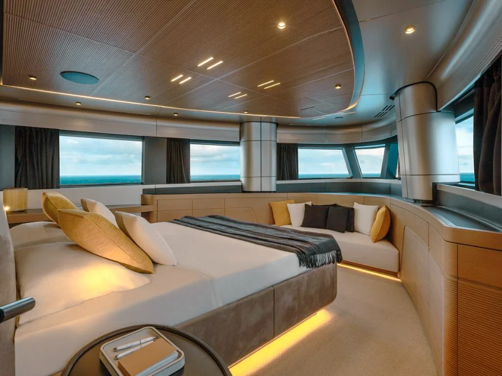 Master cabin of the 85 Wally yacht with large window