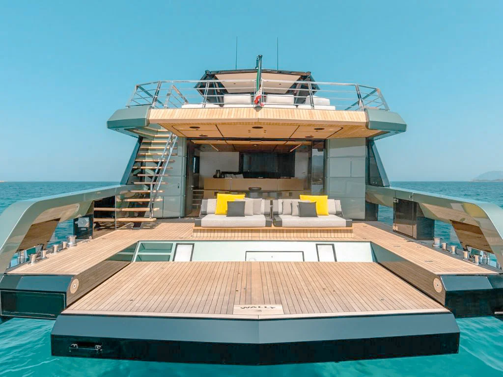 Aft deck of the 85 Wally yacht with seating for dining