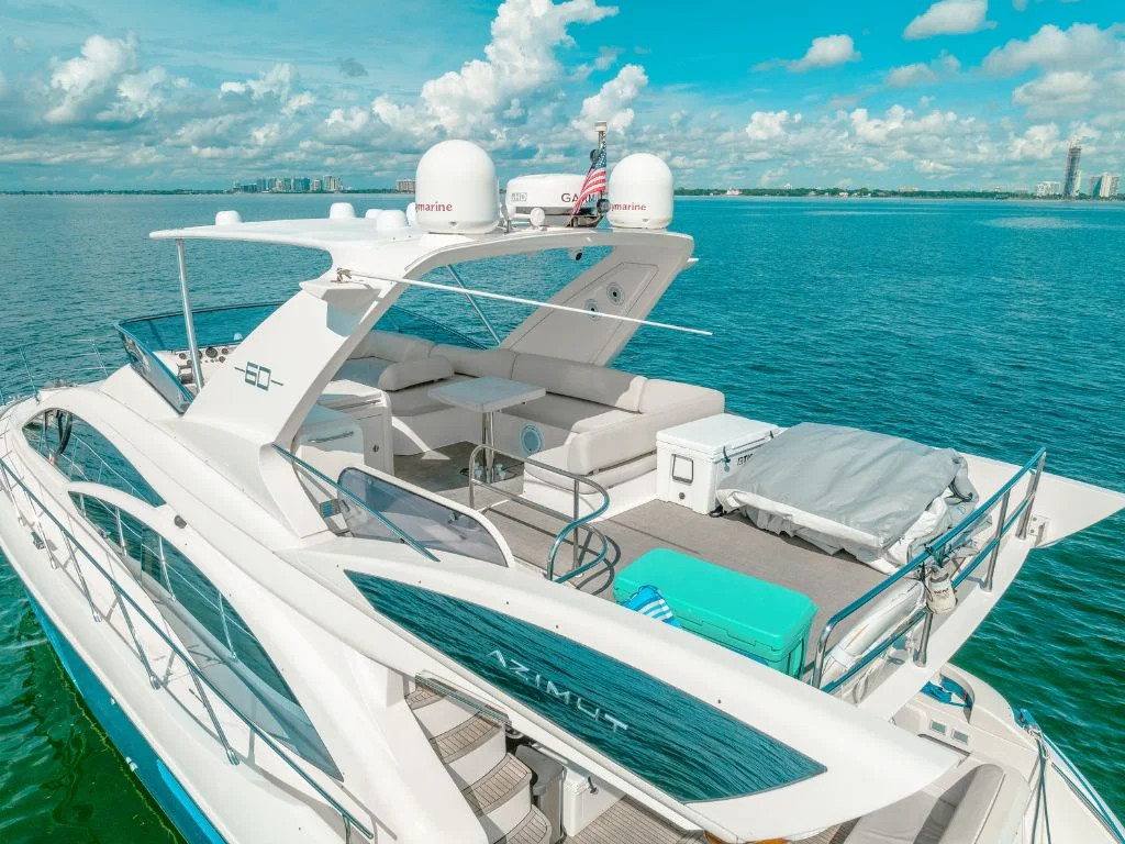 Deck of the 60 Azimut with sunpad and social area
