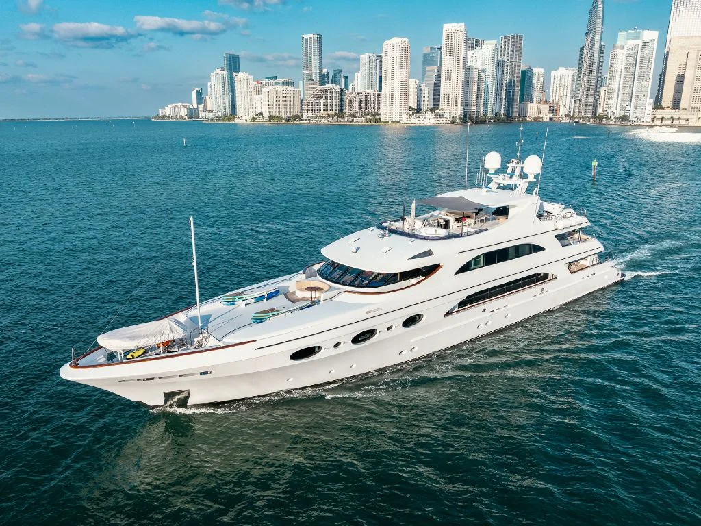 Side view of 166 Trinity yacht docked in Miami