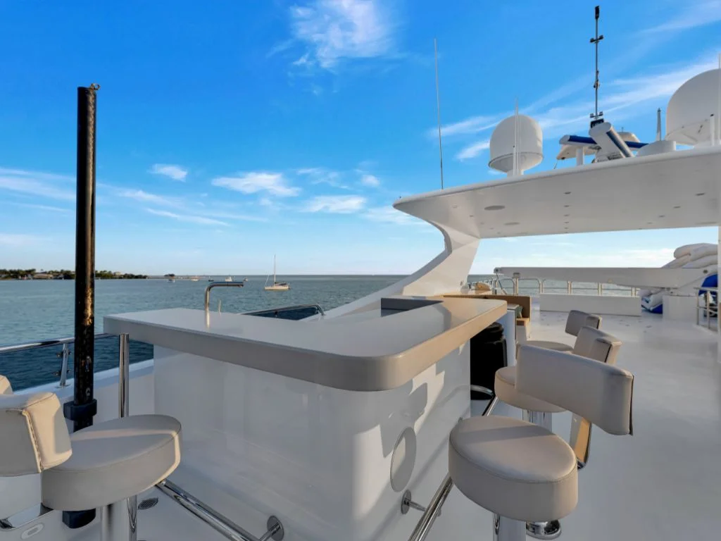 Upper deck and sunpad area of the 166 Trinity yacht