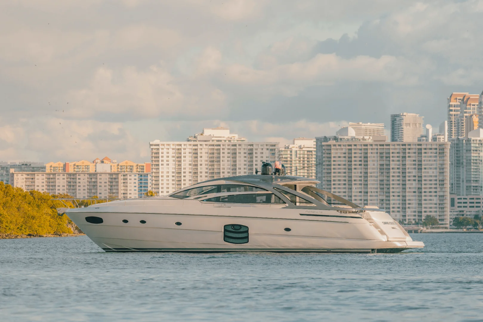 Sleek exterior of the 70 Pershing yacht docked in Miami
