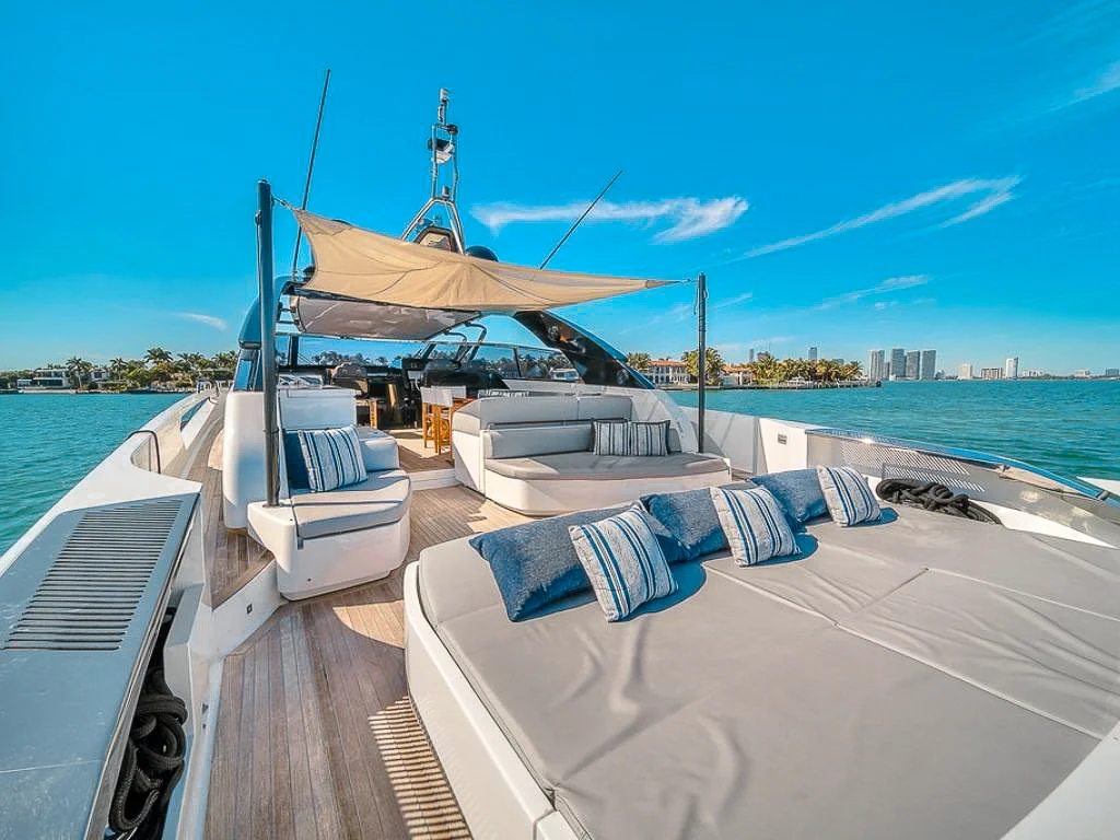 Stern of the 76 Riva III yacht with seating and swim platform