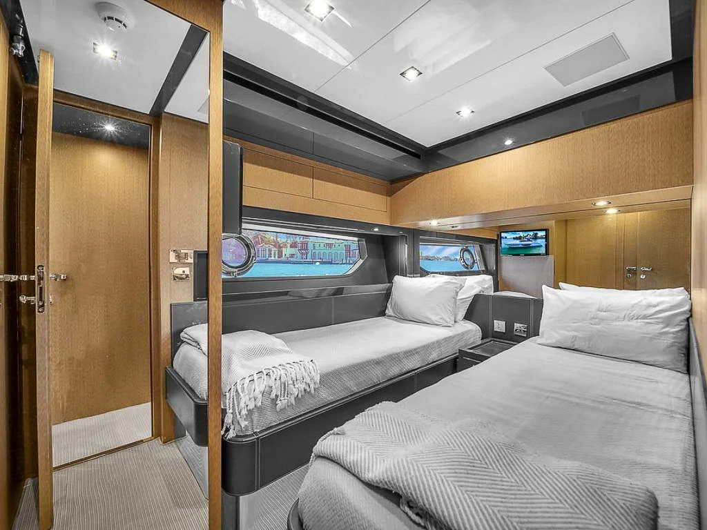 Bedroom in the master cabin of the 76 Riva III yacht