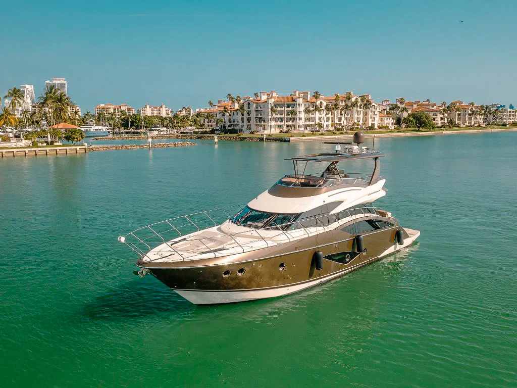 Luxury 68ft Marquis yacht docked in Miami waters, ready for charter