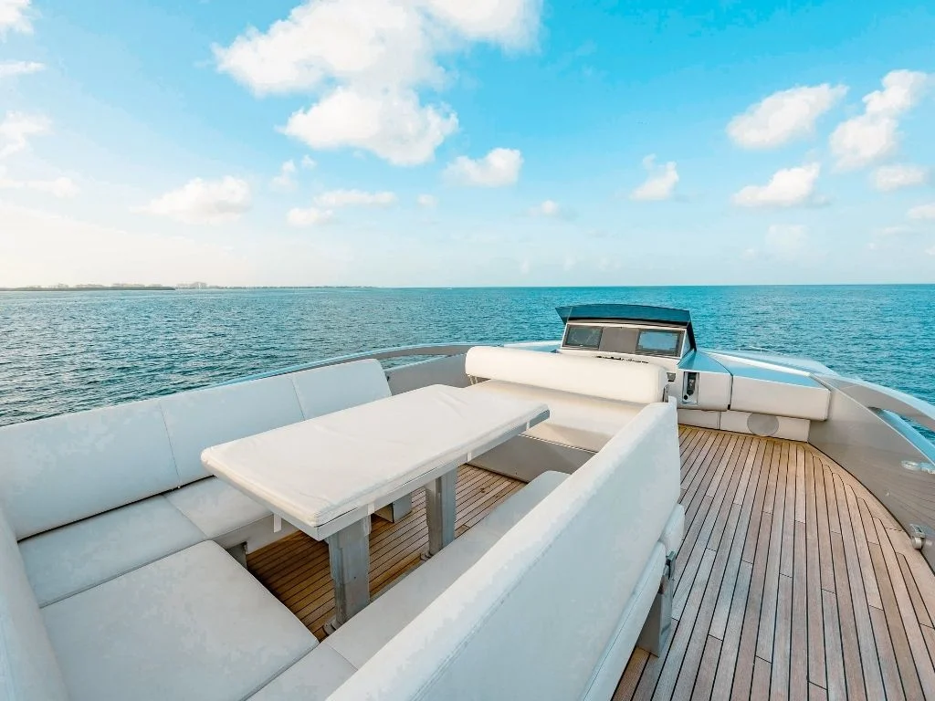 Foredeck lounging area of the 92 Pershing yacht with sunpads