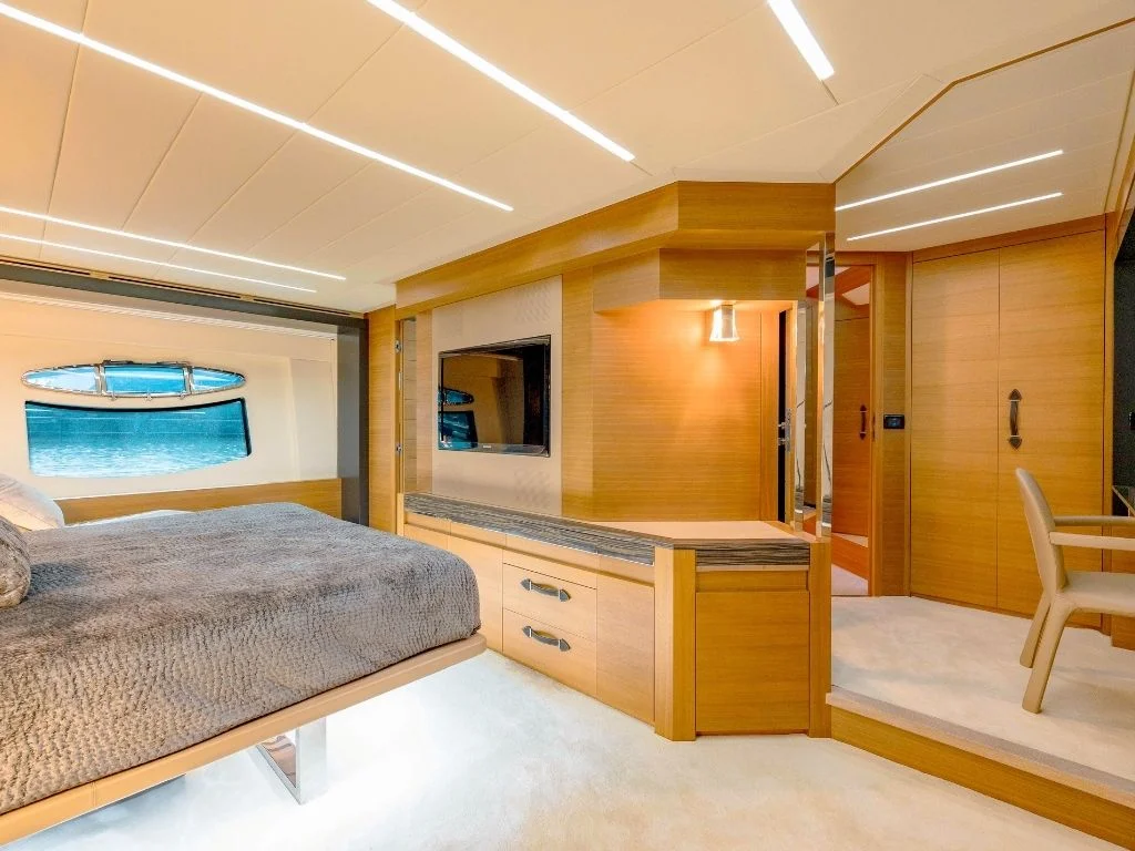 Twin cabin interior with modern finishes on the 92 Pershing