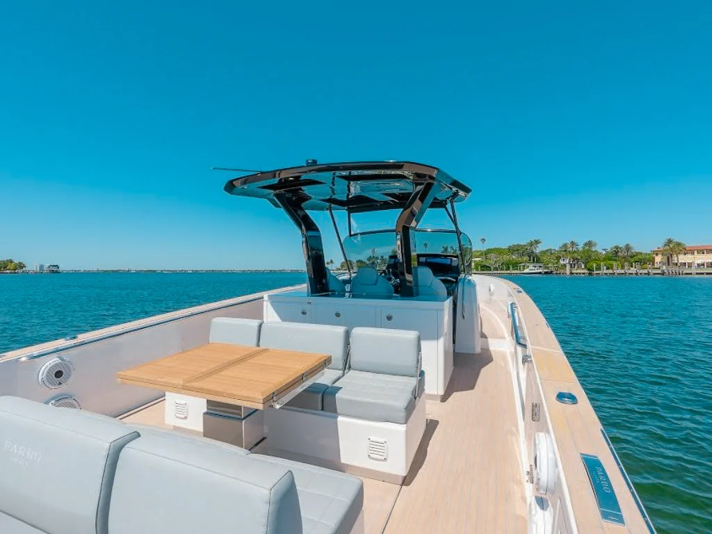 Deck of the 38 Pardo yacht with shaded seating and open space