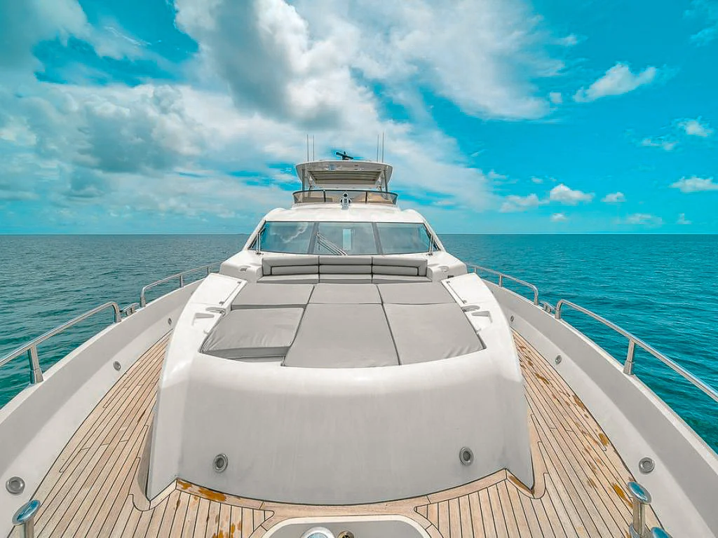 Deck area of the 80 Sunseeker II with seating and ocean view