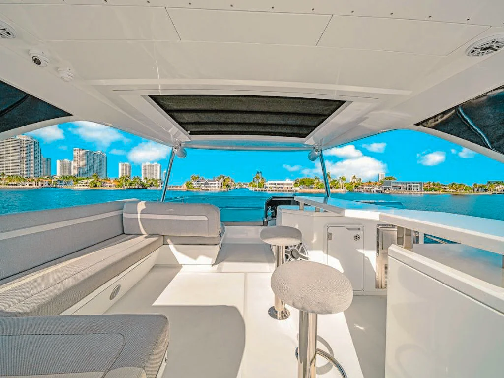 Wide shot of the main deck of 68 Galeon III yacht