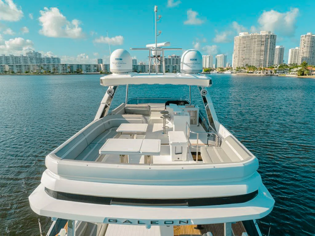 Deck area of 68 Galeon III yacht with seating and views