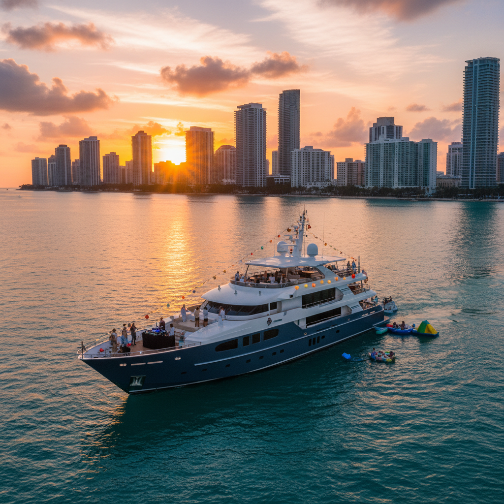 Luxury 70' Azimut yacht party in Miami with guests enjoying the sun and water