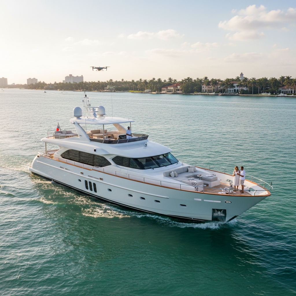 Luxurious yacht charter docked in beautiful Palm Beach, Florida on a sunny day