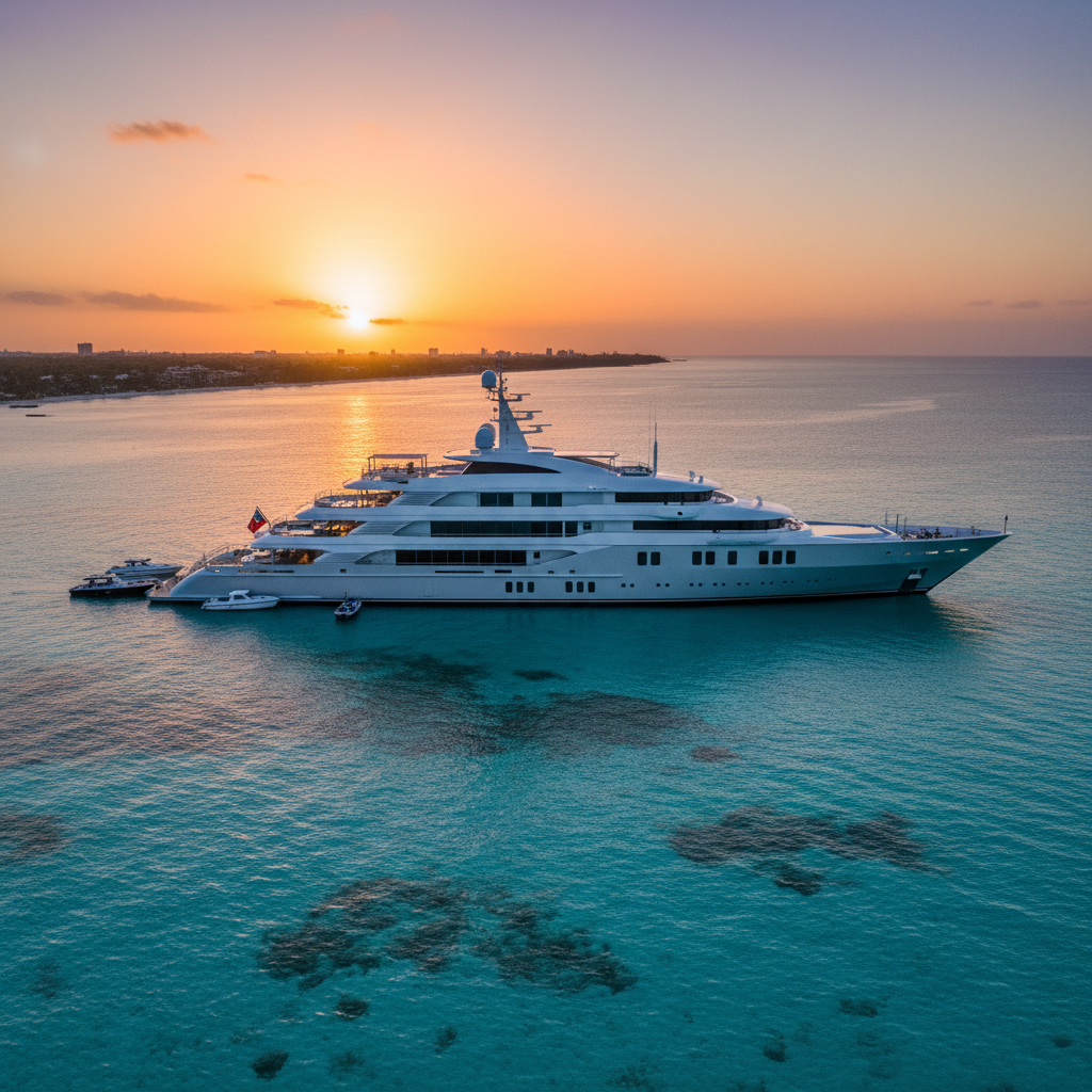 Luxury 100-foot yacht charter docked in the crystal clear waters of the Bahamas.