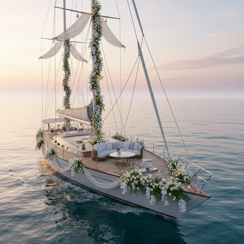 Couple exchanging vows on a luxury yacht in Miami with a sunset backdrop
