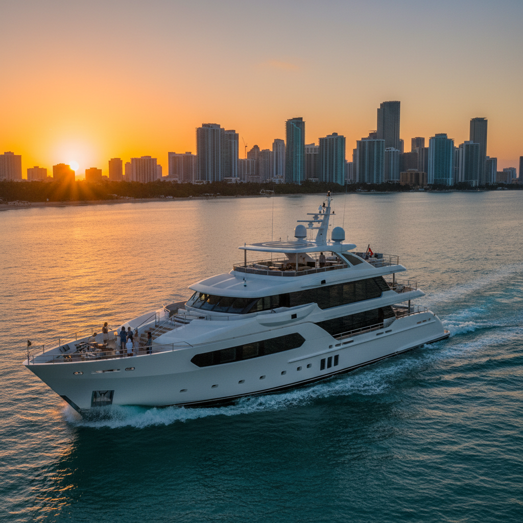 Luxury yacht docked in Miami harbor, perfect for your holiday charter vacation.