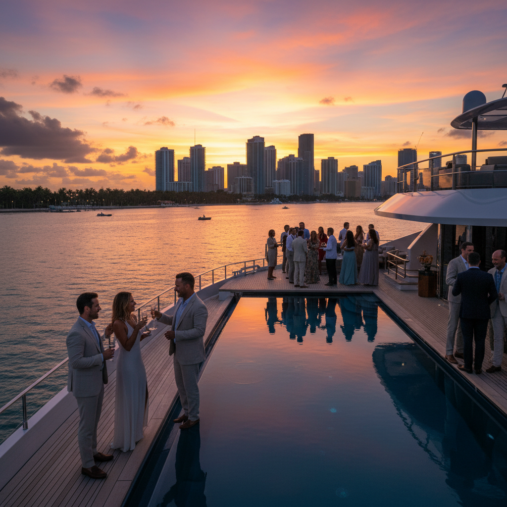 Luxury yacht docked with view of Miami Grand Prix race track and cheering crowd
