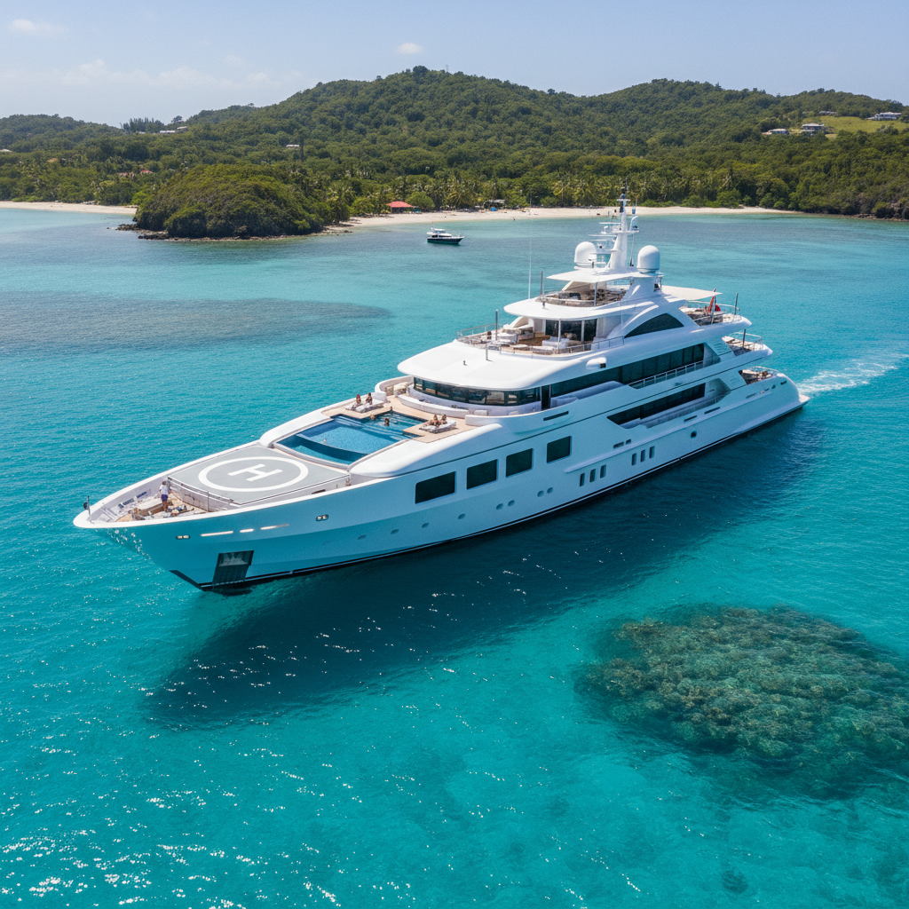 Luxury 100-foot yacht sailing the clear turquoise waters of the Caribbean Sea.