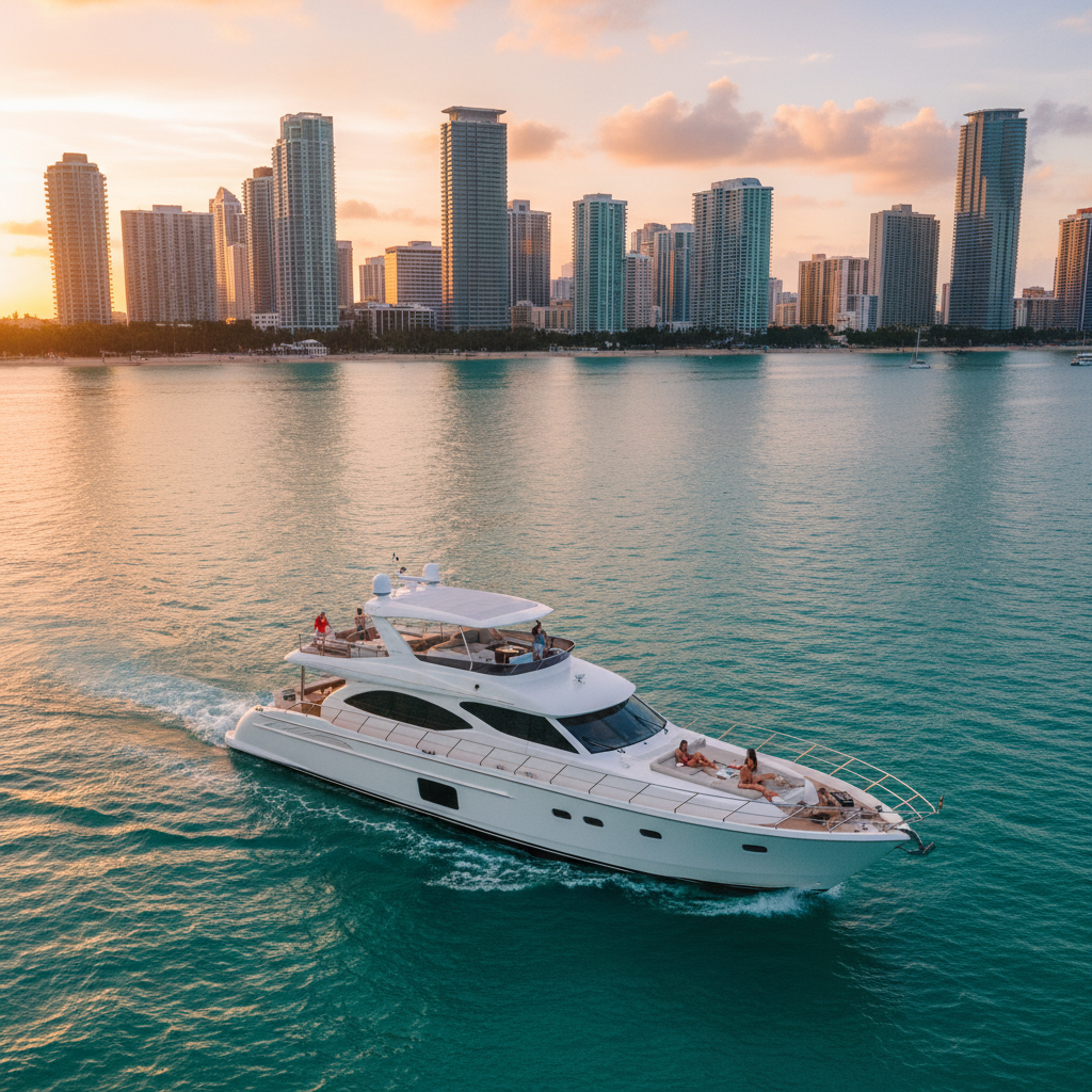 Luxury yacht anchored at a vibrant Miami sandbar with people enjoying the sun and water.