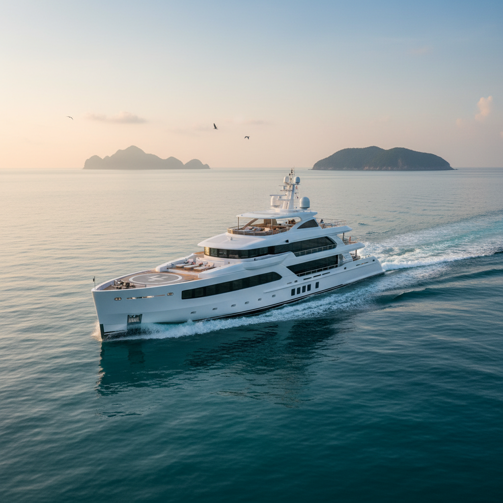 Man charging a phone and laptop on a luxury yacht deck with ocean views