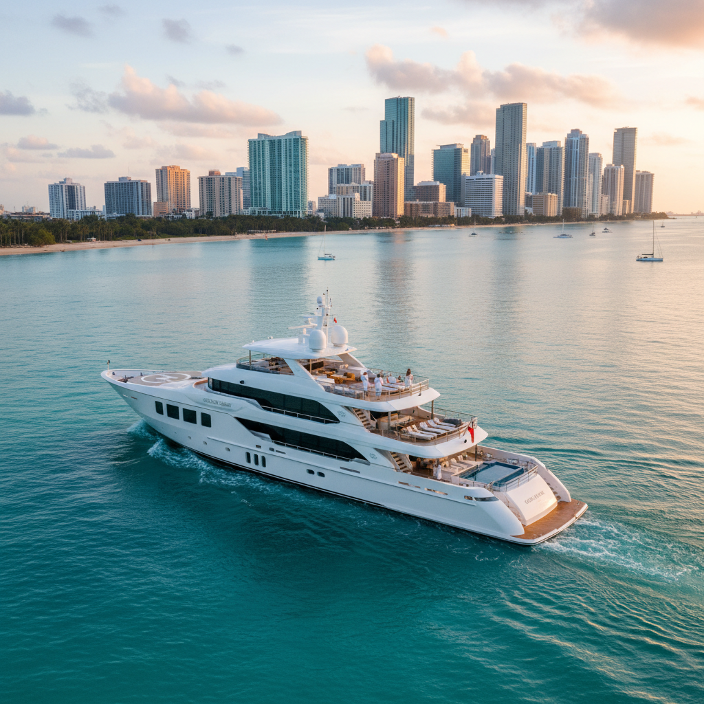 Panoramic view of Miami skyline from Biscayne Bay with a yacht sailing