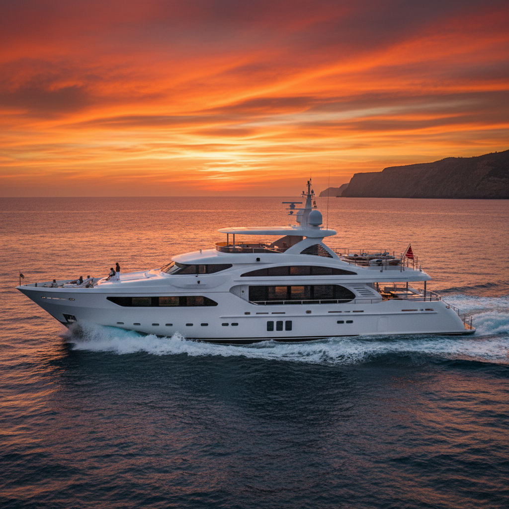 Luxurious private yacht ready for charter with guests enjoying the water at sunset