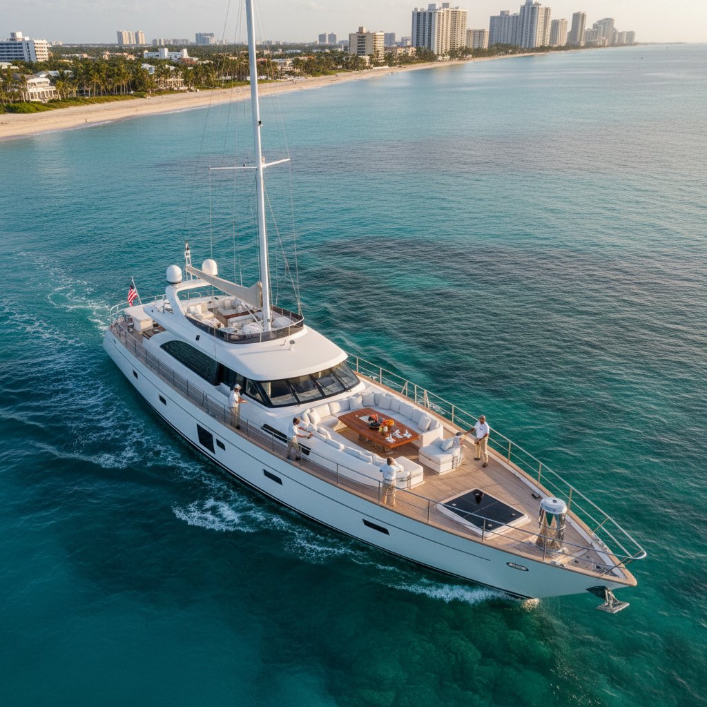 Luxury crewed yacht charter in South Florida with captain and crew, showing clear pricing.