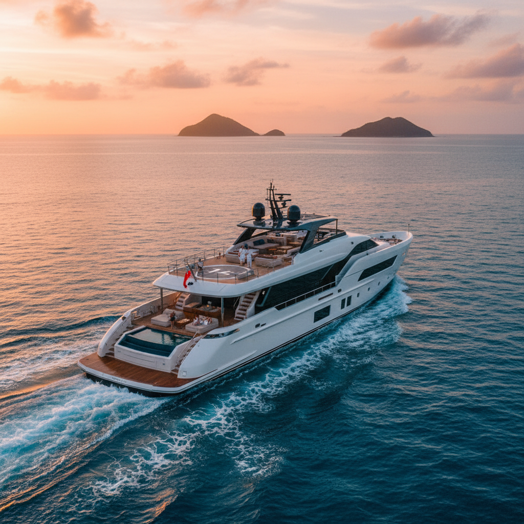 Luxury yacht charter navigating calm waters, minimizing potential for seasickness.