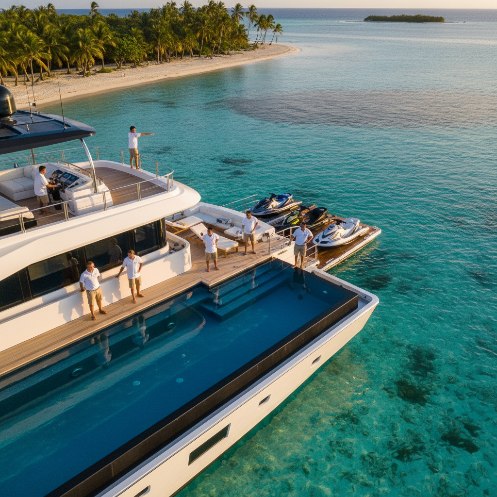 Luxury crewed yacht charter cruising the crystal-clear waters of the Bahamas.