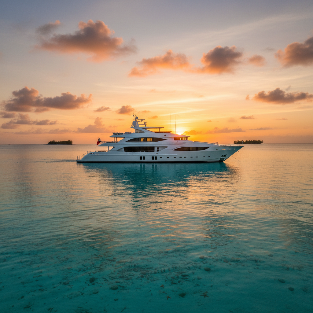 Luxury yacht anchored in clear turquoise waters in the Bahamas during winter season.