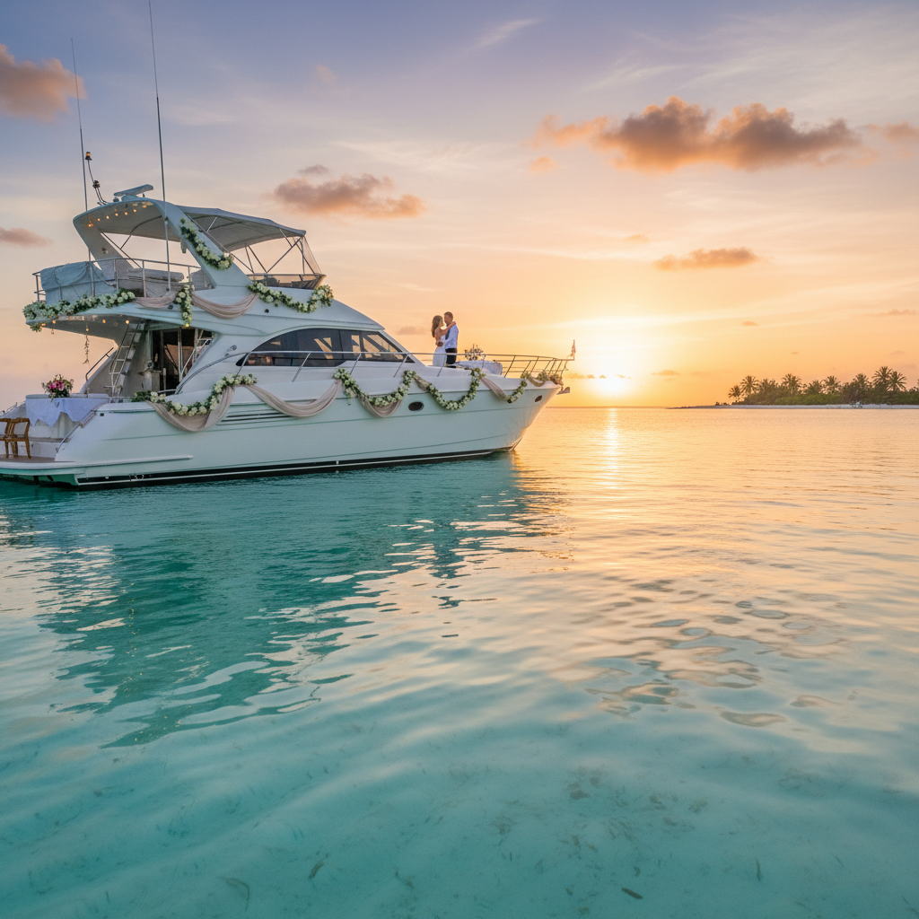 Couple enjoying a romantic honeymoon aboard a luxury yacht in the Bahamas with YATR