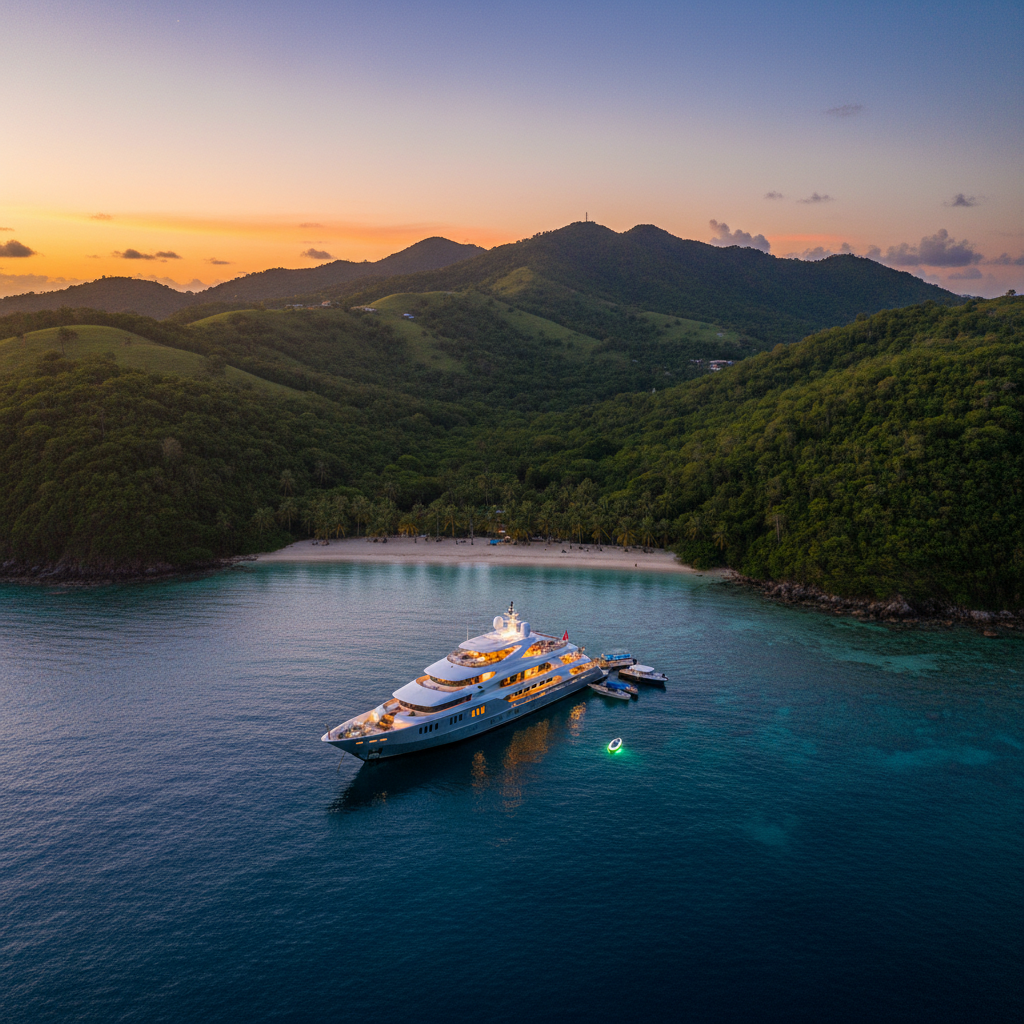 Luxury yacht charter in the Caribbean with turquoise waters and tropical islands.