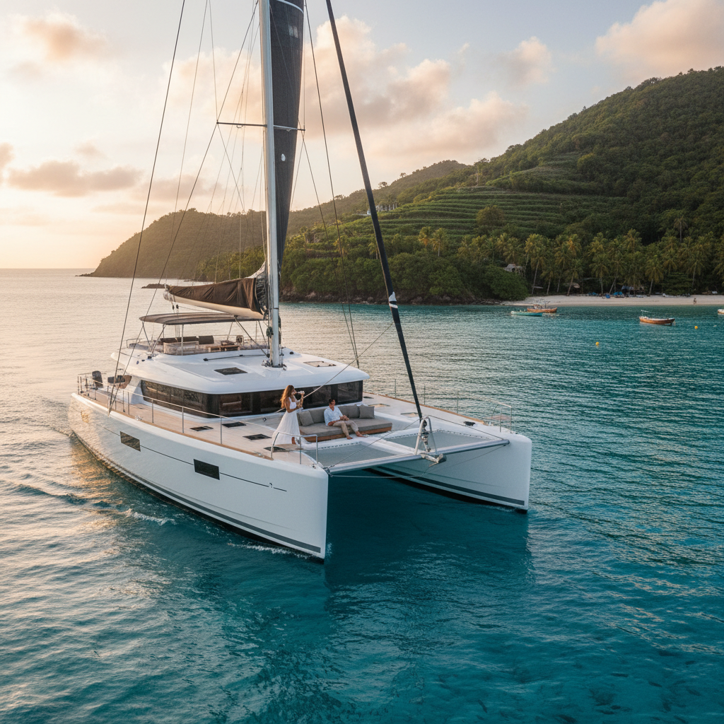 Luxury catamaran sailing in the crystal clear waters of the British Virgin Islands for charter