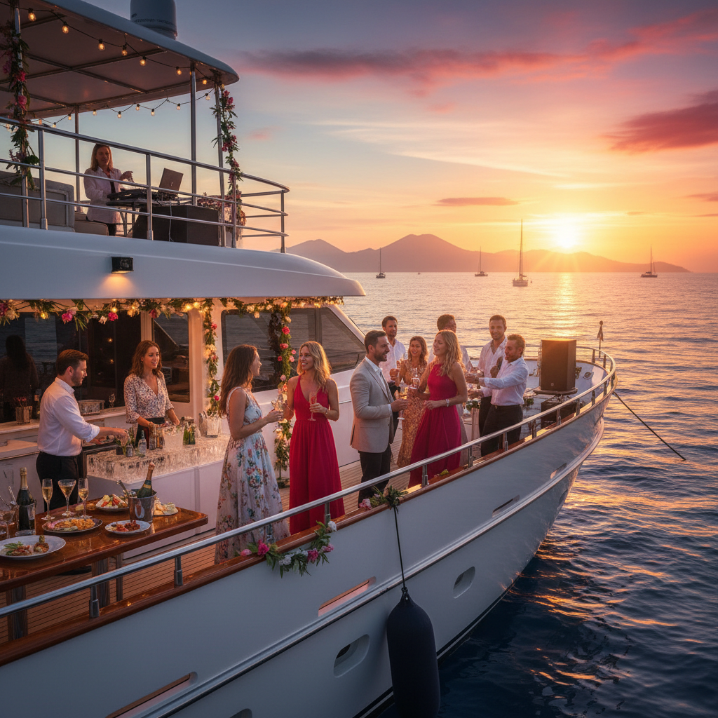 Elegant yacht party with guests enjoying the view, avoid these yacht party mistakes