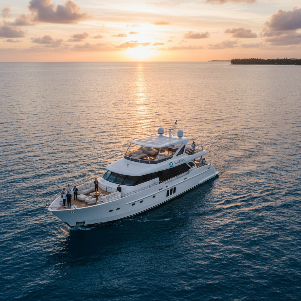 Elegant corporate event on a luxury yacht with guests mingling and enjoying the view