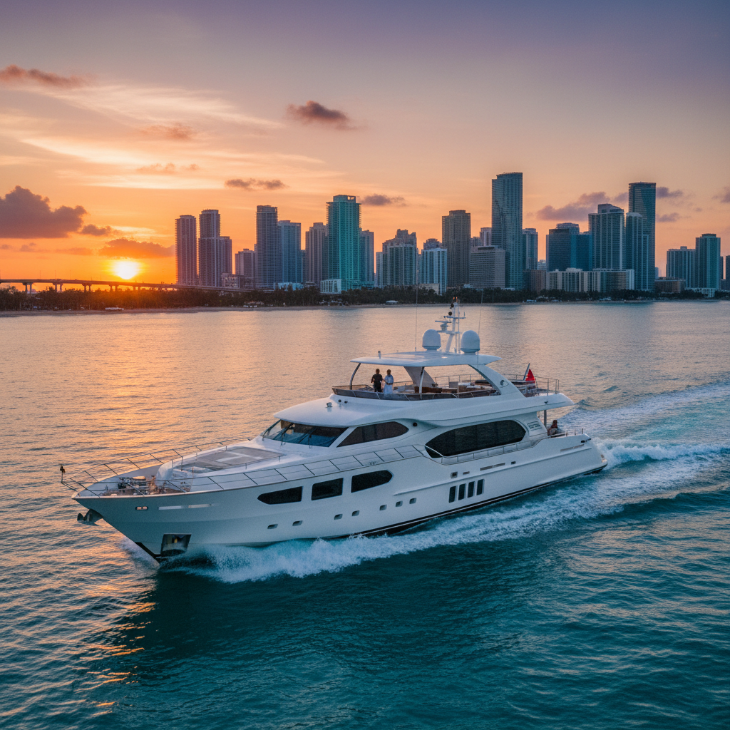Luxury yacht cruising past the Miami skyline during golden hour