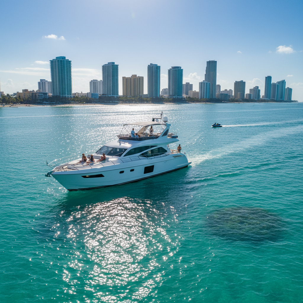 Luxury yacht docked near the Miami International Boat Show with attendees viewing boats on water