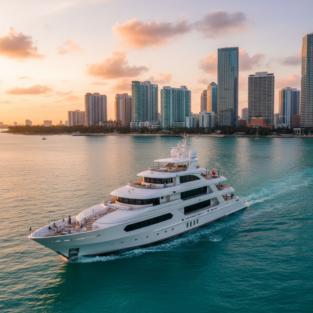 Luxury private yacht for rent in Miami offering charter cruises with stunning ocean views.