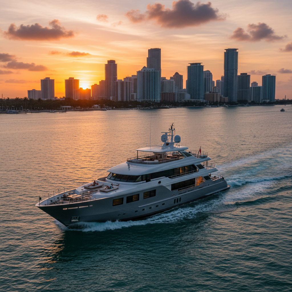 Luxury yacht sailing from Miami to Bimini, Bahamas for a winter escape.
