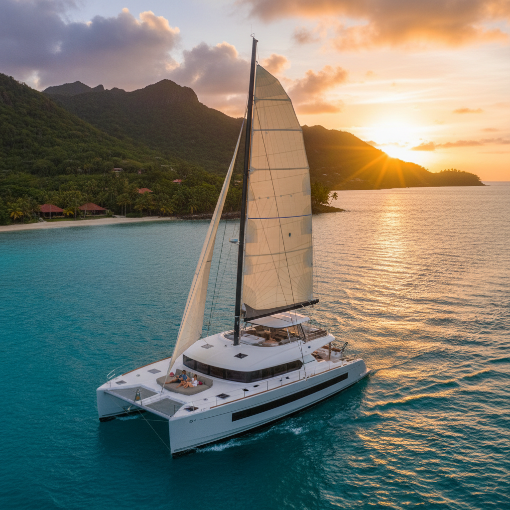 Luxury catamaran sailing in the Caribbean sea with clear blue water and islands.