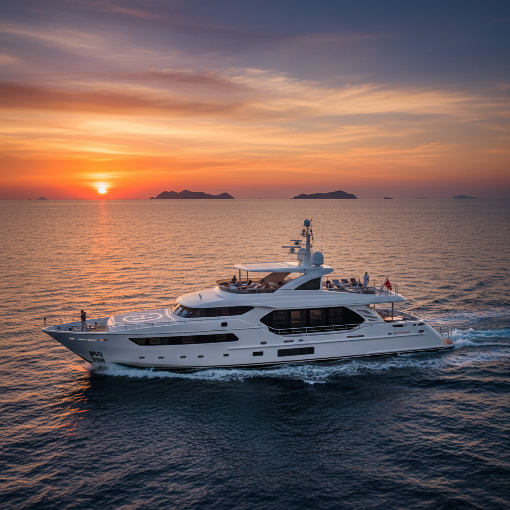 Luxury motor yacht with people enjoying the deck, ideal for coastal cruising and day trips
