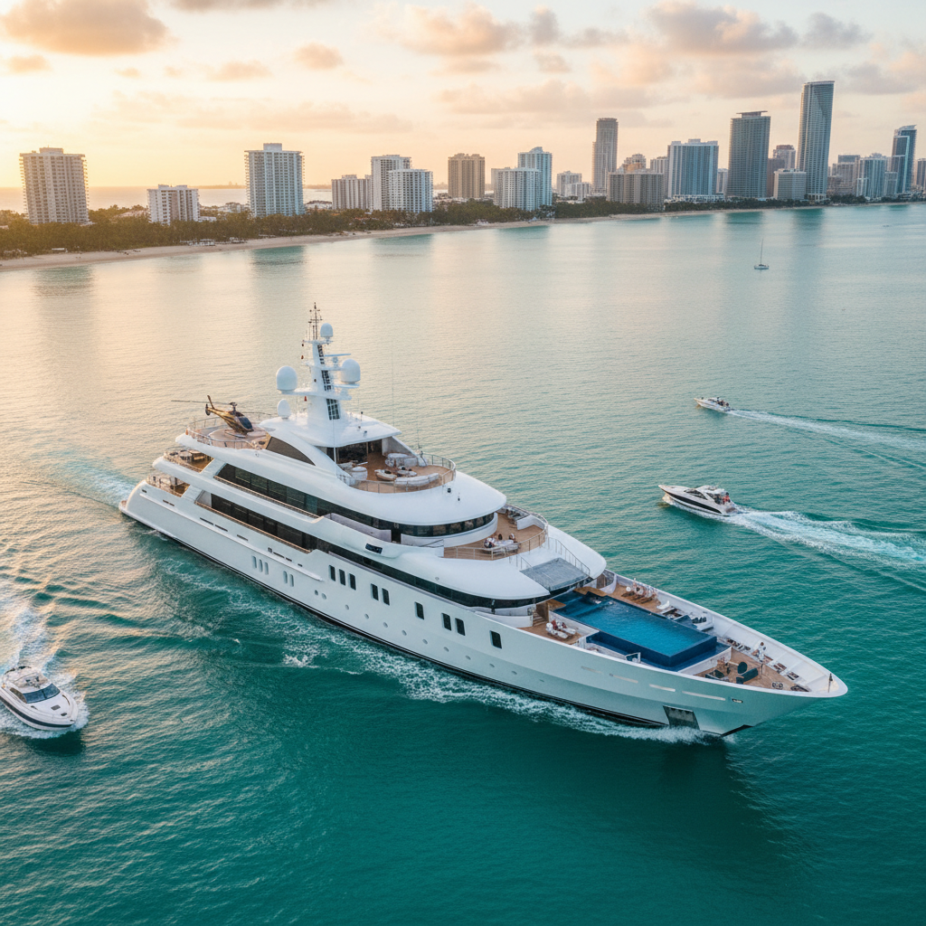 Luxury 100-foot yacht docked in Miami with beautiful ocean views.