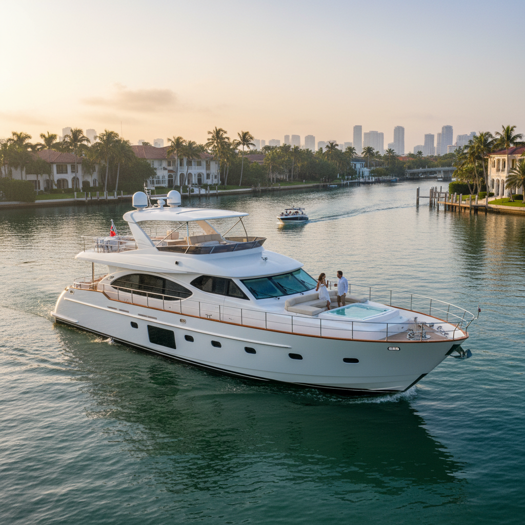 Luxurious yacht sailing in Fort Lauderdale's Intracoastal Waterway with waterfront mansions.