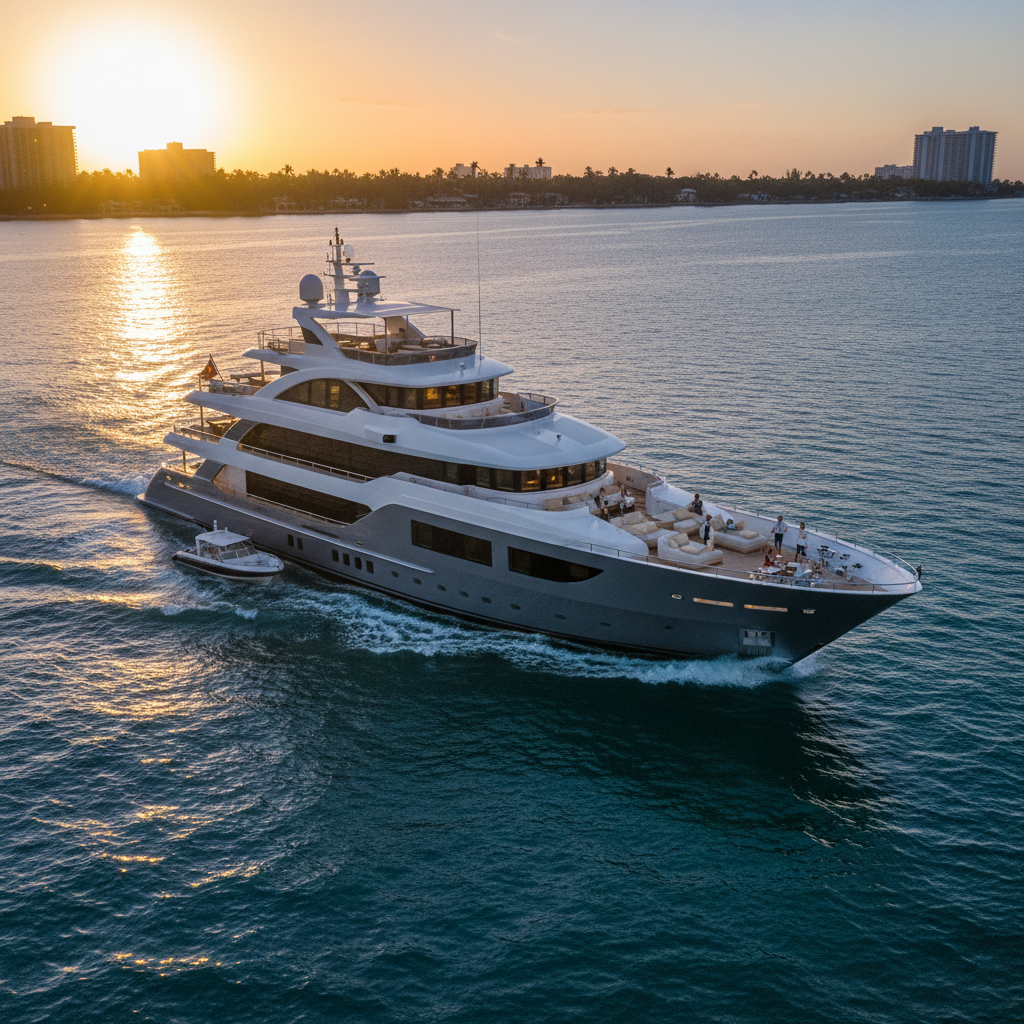 Luxury yacht charter docked in beautiful South Florida waters during winter.
