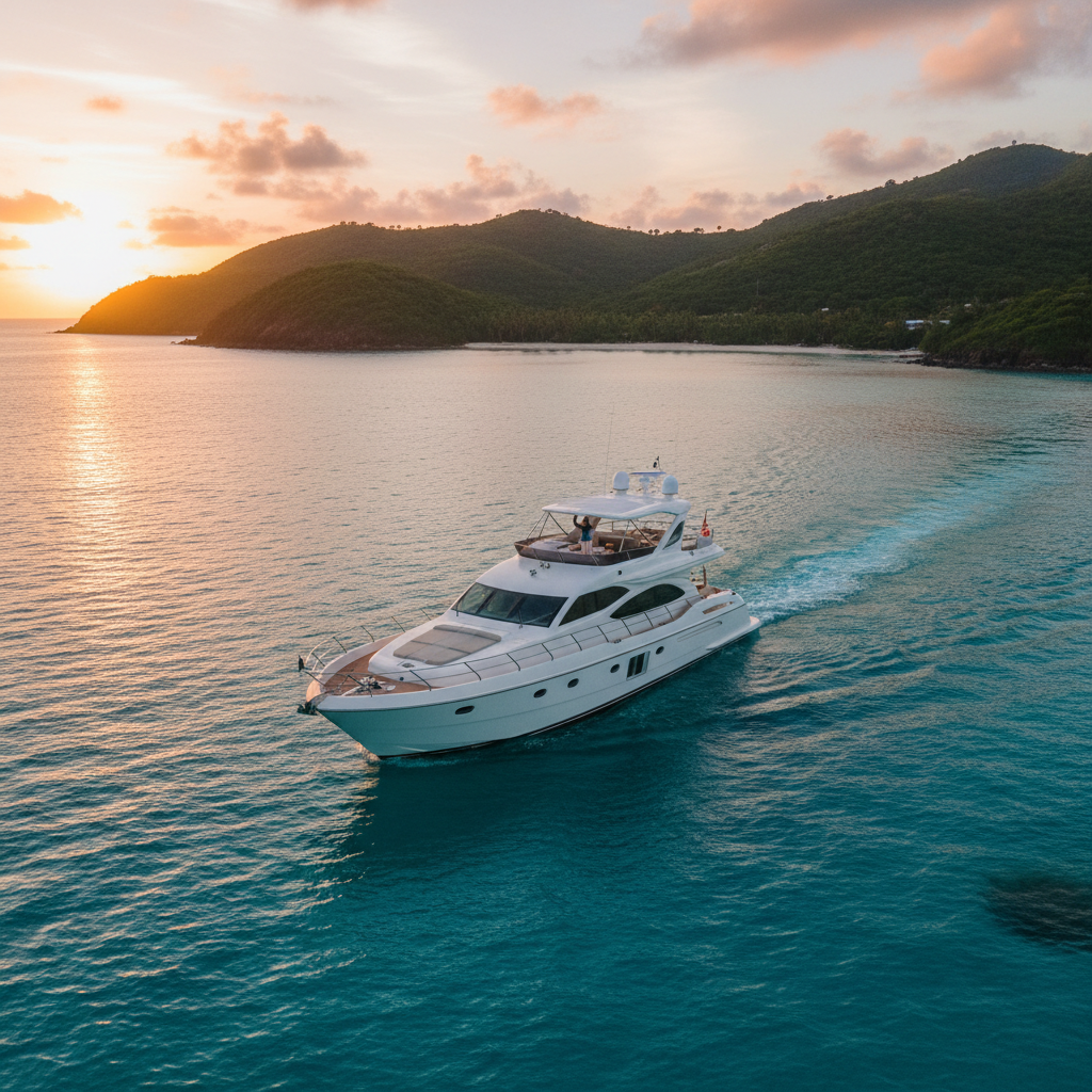 Luxurious yacht sailing in the clear turquoise waters of the Caribbean islands