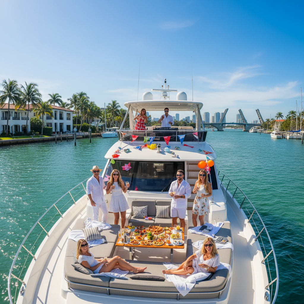 Luxury yacht party celebration cruising in Fort Lauderdale waters with guests.