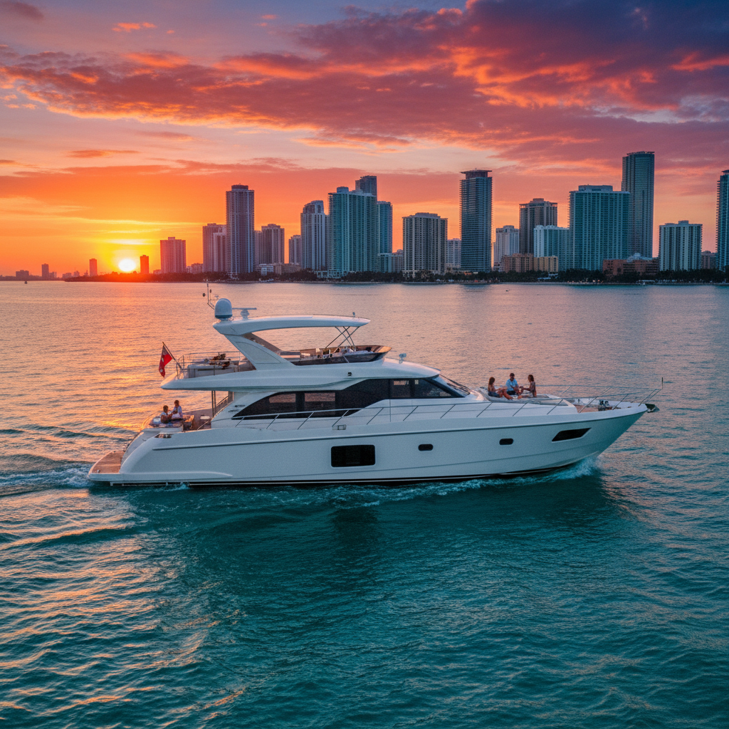 Luxury affordable yacht charter in Miami with clear blue waters and city skyline view
