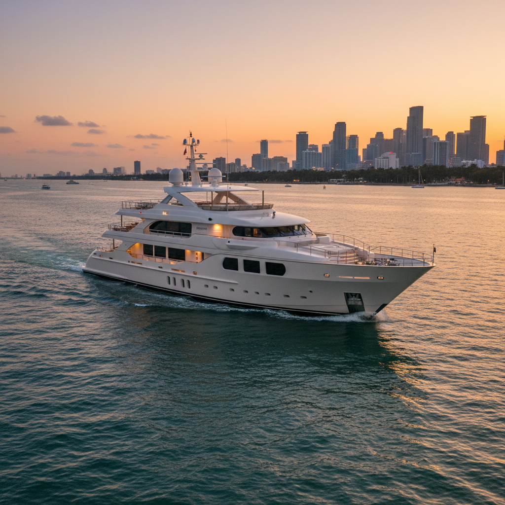 A luxury yacht charter in Miami decorated for the holidays, offering stunning city skyline views.