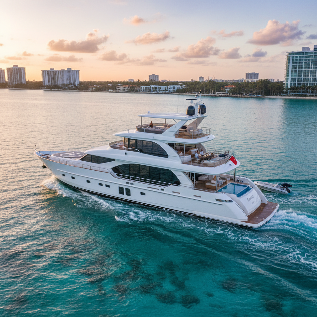 Luxurious South Florida yacht charter with happy guests enjoying a sunny day on deck.