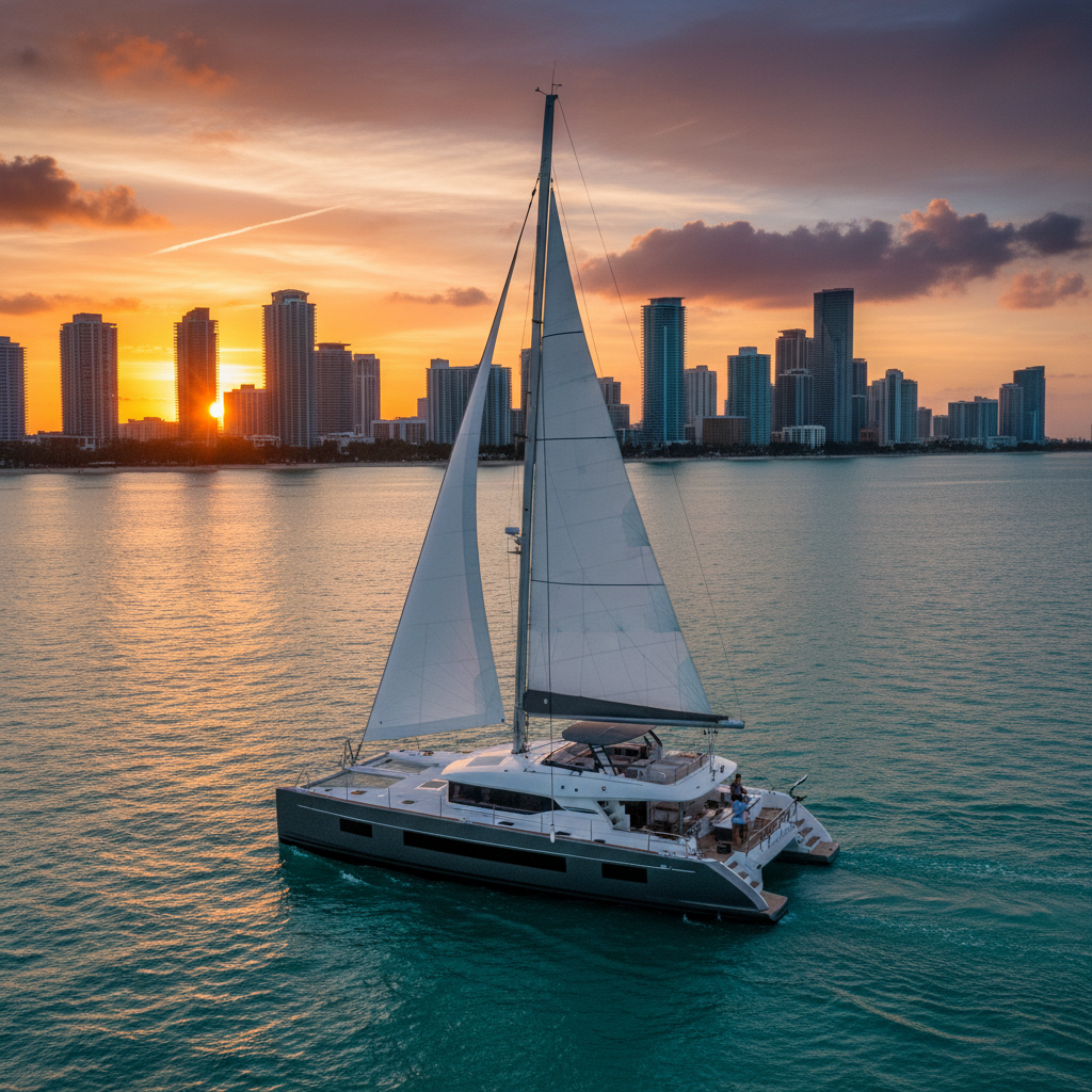 Luxury catamaran sailing in Miami with city skyline backdrop during a charter trip